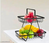 Black metal 2-tier vegetable storage basket, perfect for fresh produce and modern kitchen decor